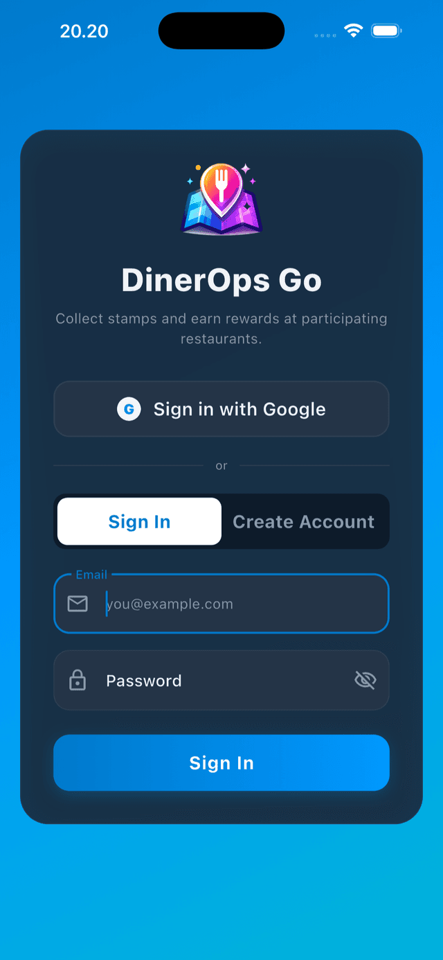DinerOps Go login screen
