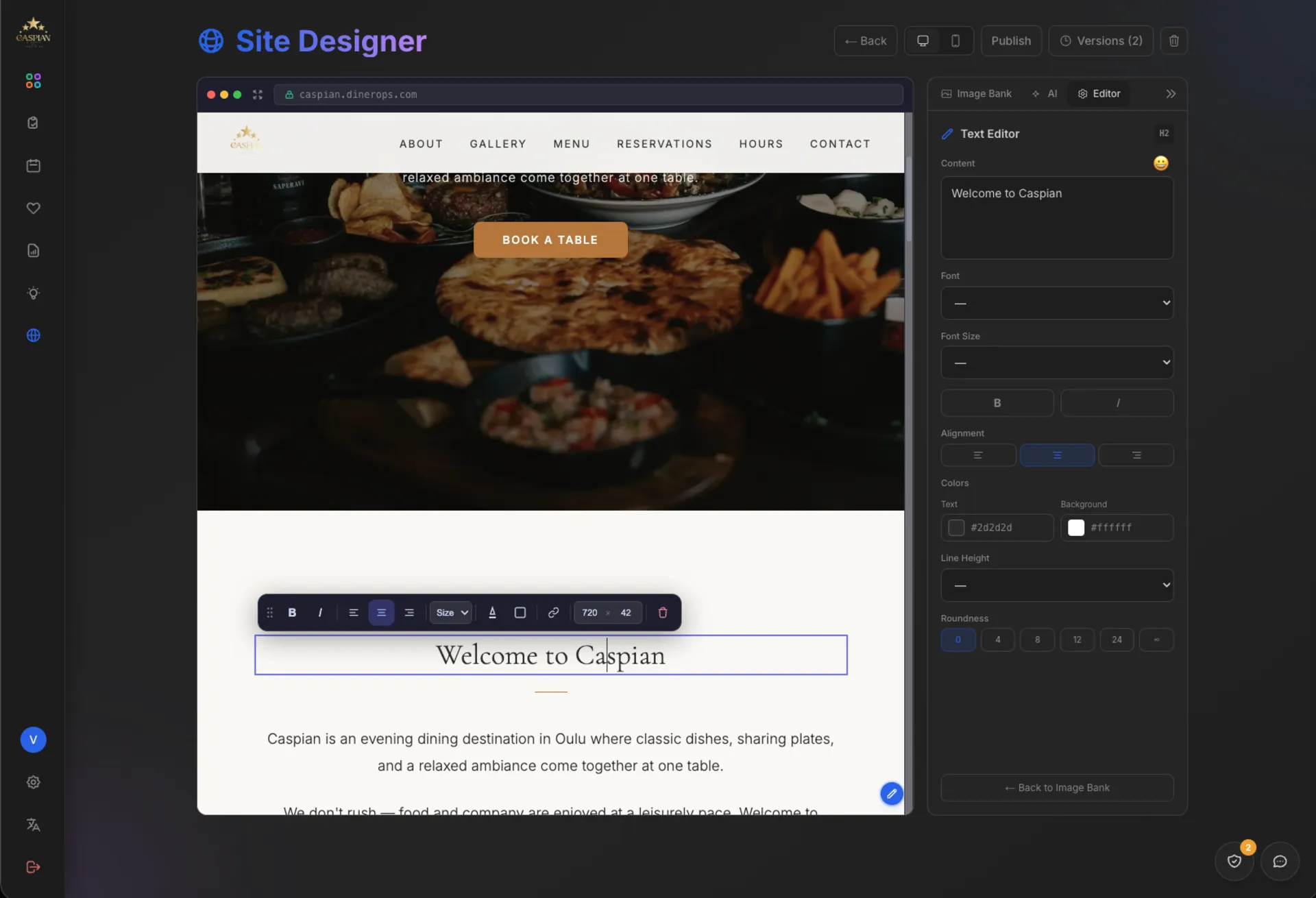 Restaurant website builder interface