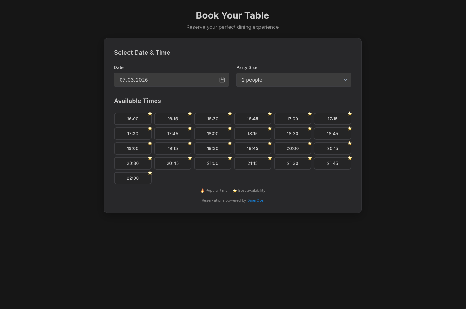 DinerOps booking widget: select date, party size, and available times