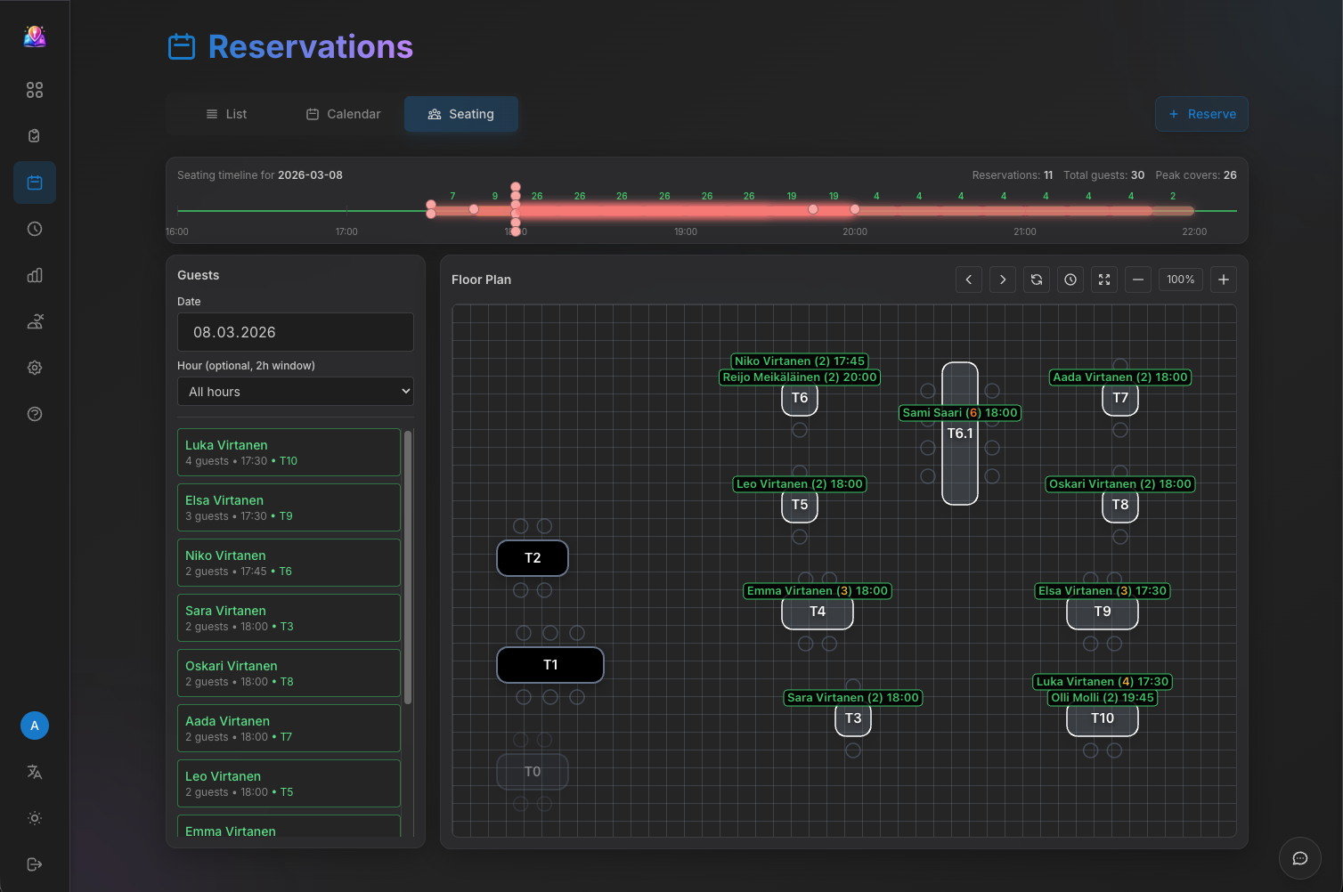 Reservations seating view with floor plan and guest list